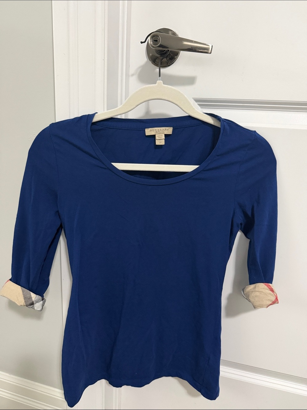 Burberry Women's Royal Blue Scoop Neck Long Sleeve Tee with Signature Cuff